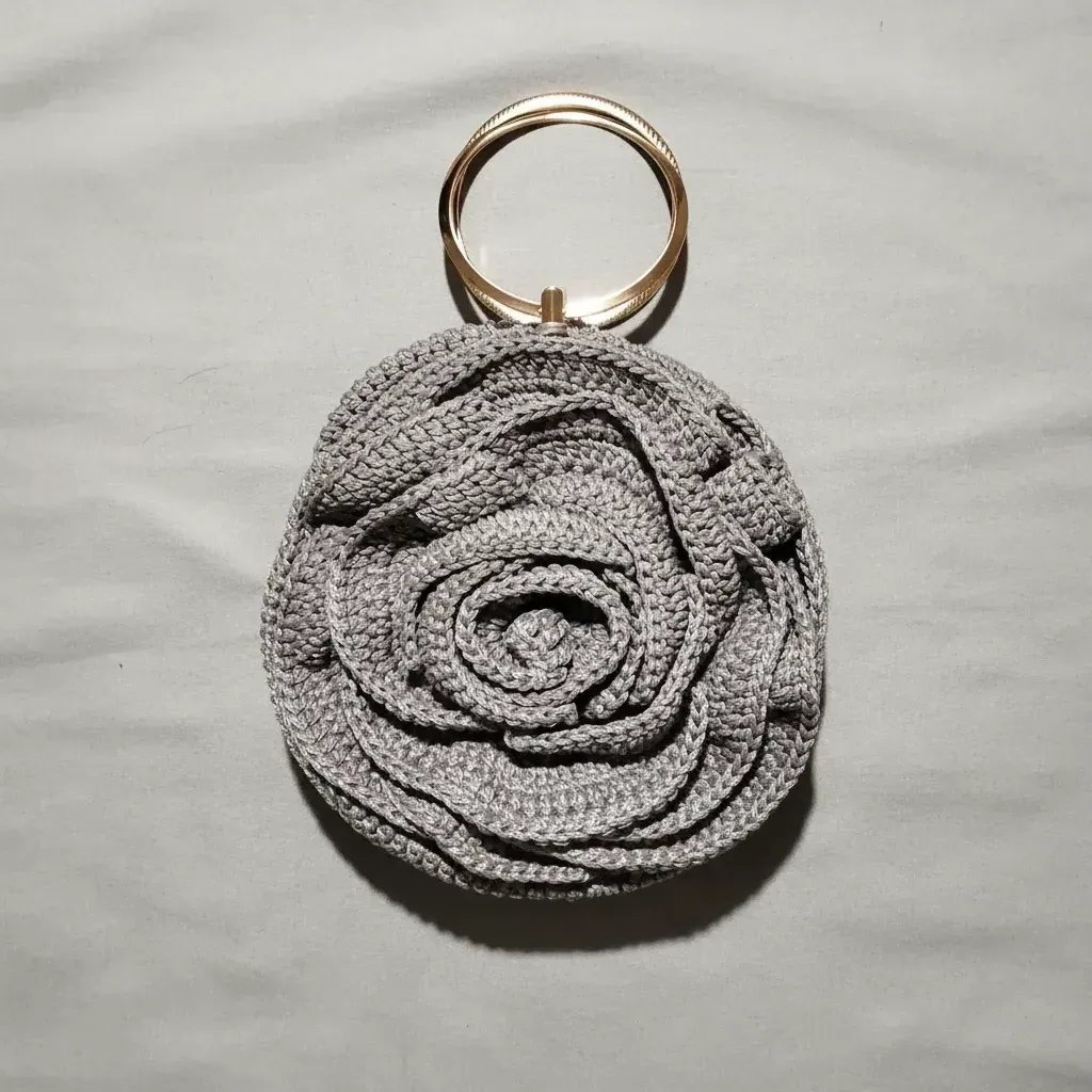 Grey Rose Patterned Round Bag - Stylish Design with Metal Handle