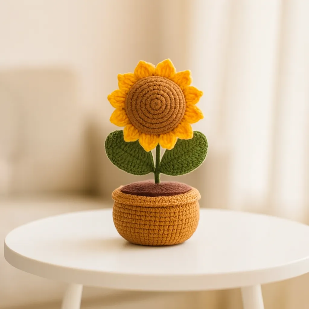 Knitted Sunflower Large Size Potted Flower - Decorative Handmade Gift
