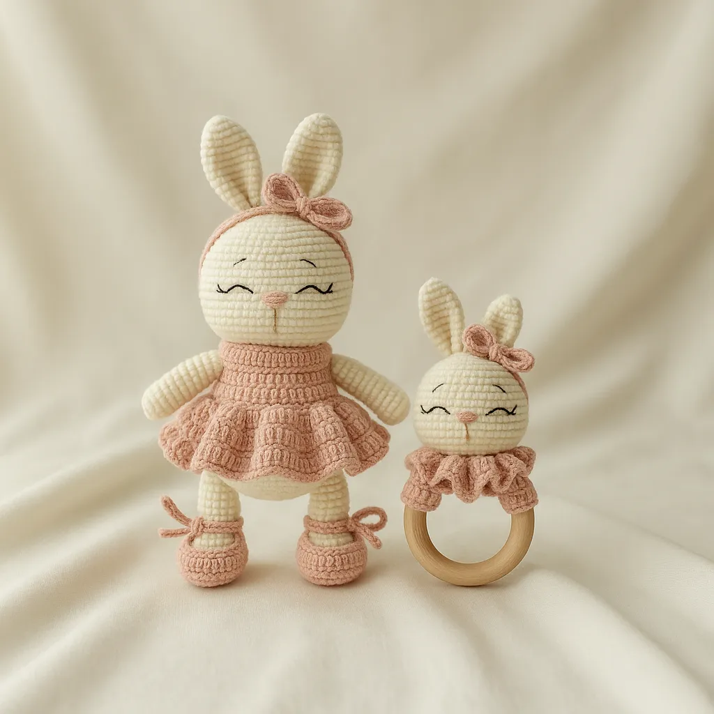 Pembe El Örgüsü Amigurumi Tavşan Oyuncak ve Çıngırak İkili Set