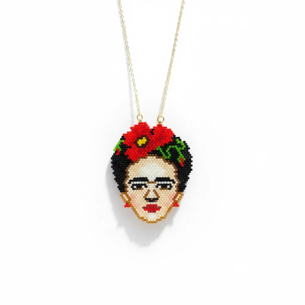 Frida Kahlo Portre Miyuki Boncuk Kolye - Kararmaz Zincirli