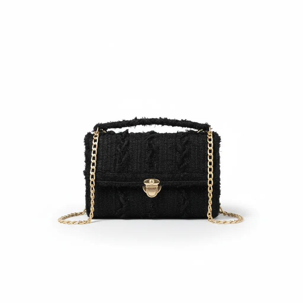 Siyah Tüvit Abiye Gece Çantası - Gold Detaylı Zincir Askılı Şık Davet Çantası