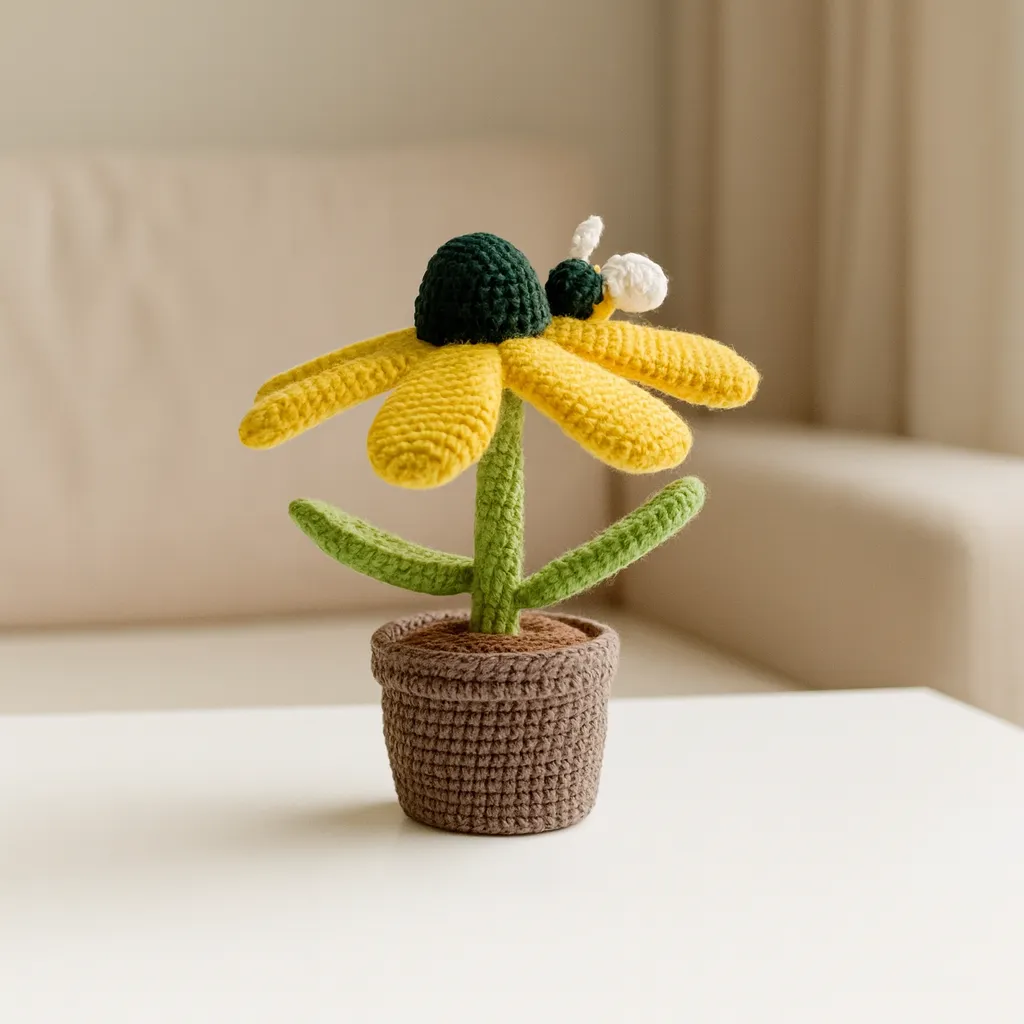 Sarı Papatya ve Arı Figürlü Örgü Saksı Çiçek - El Emeği