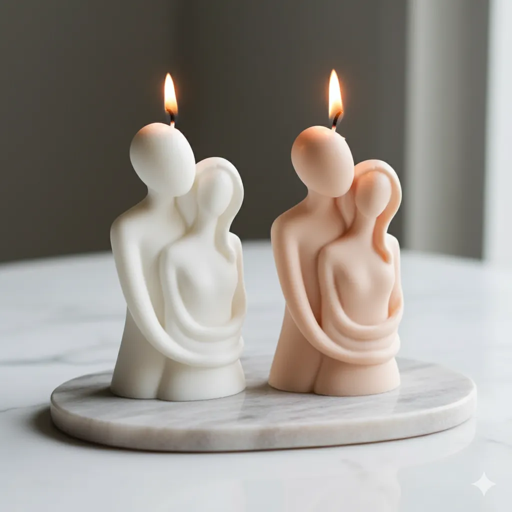 İkili Sevgili Mum Seti (2 Adet) | El Yapımı Sarılan Çift Figürlü Dekoratif Mum
