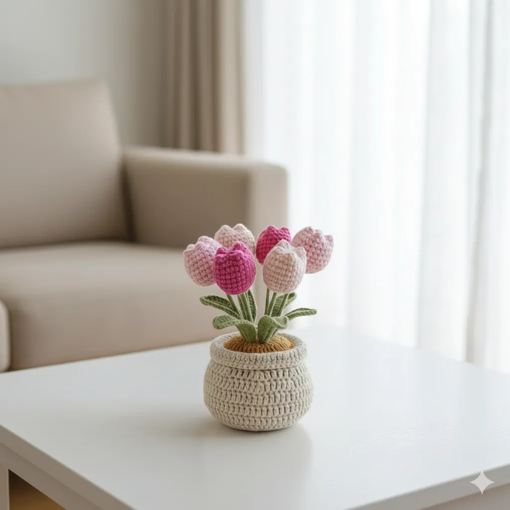 Örgü Lale Buketi - Koton İpten El Yapımı Saksı Çiçek