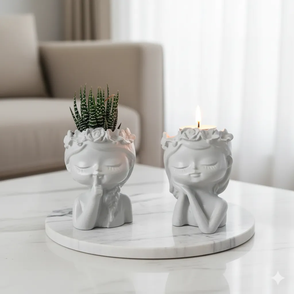 Dekoratif İkili Kız Figürlü Saksı ve Mumluk Set - El Yapımı