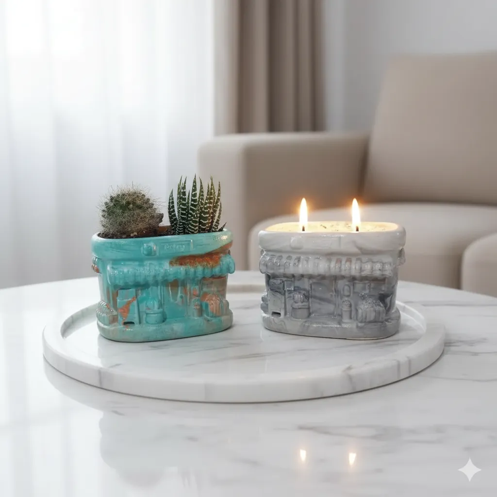 Bakery Temalı Dekoratif Saksı ve Mumluk Seti - El Yapımı