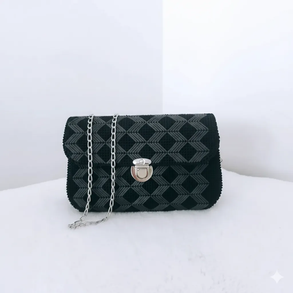 Siyah Füme Renk Desenli Zincir Askılı Astarli El Çantası