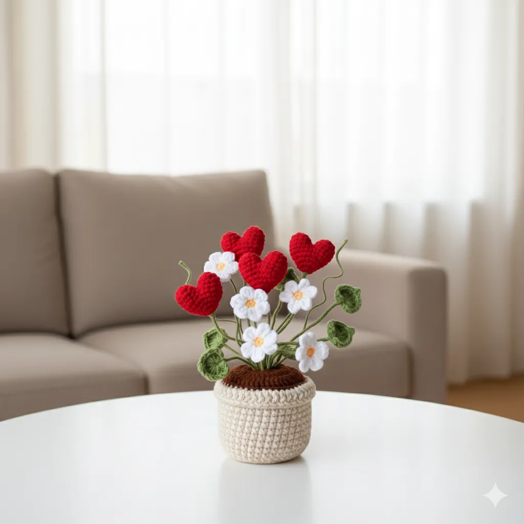 Örgü Kalpli Çiçek Saksı - El Yapımı Dekoratif Hediyelik