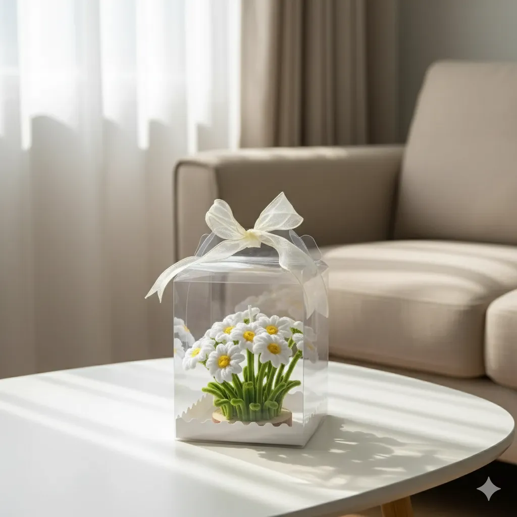 Şönil İplik Papatya Aranjmanı Hediye Kutusu - El Yapımı