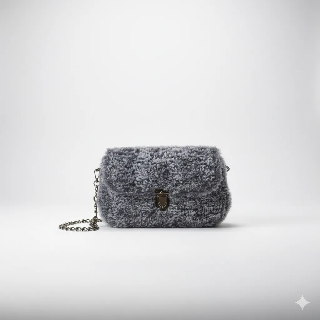 Gri Kürk Detaylı Kanvas Omuz Çantası - Metal Zincir Askılı