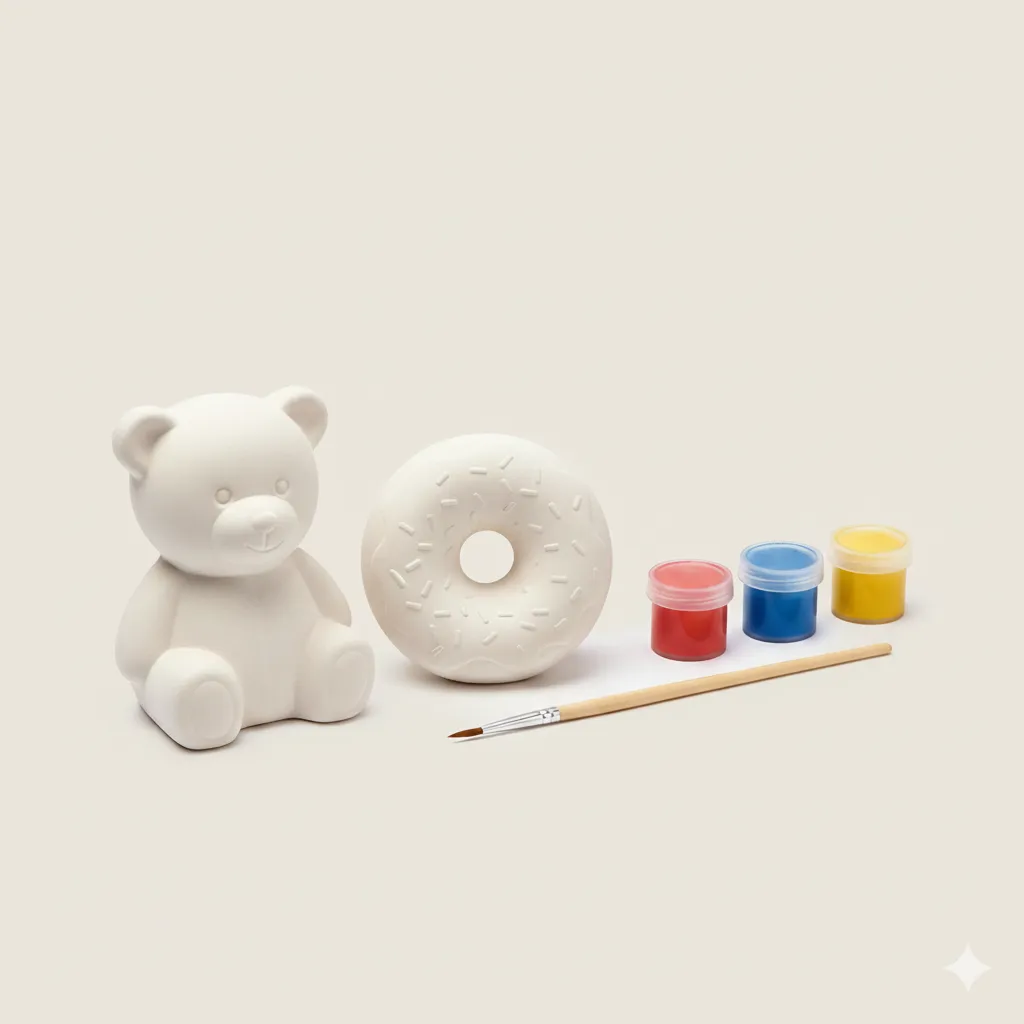 Çocuk Seramik Boyama Kiti – Ayı ve Donut Figürlü (10’lu Toplu Set)