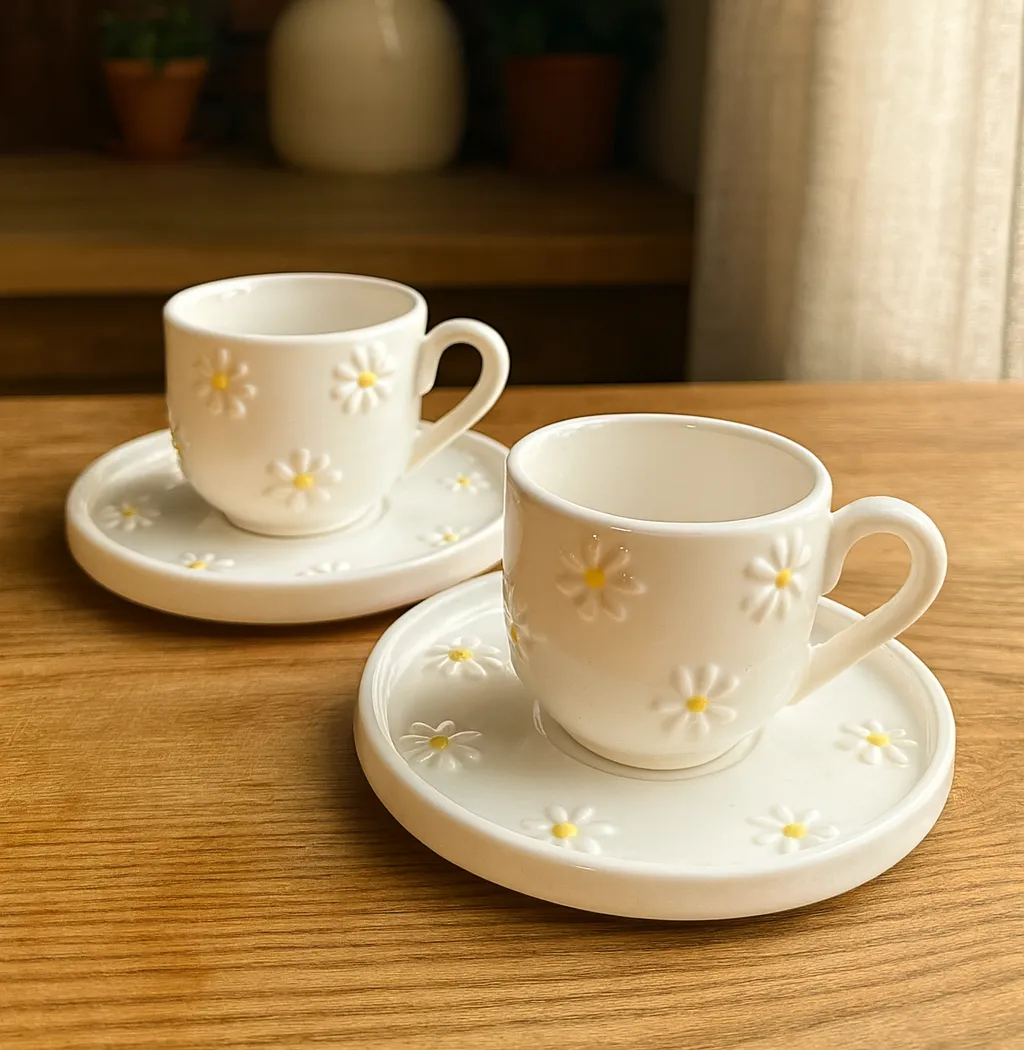 Daisy Patterned Ceramic Cup Set – Special Set of 2