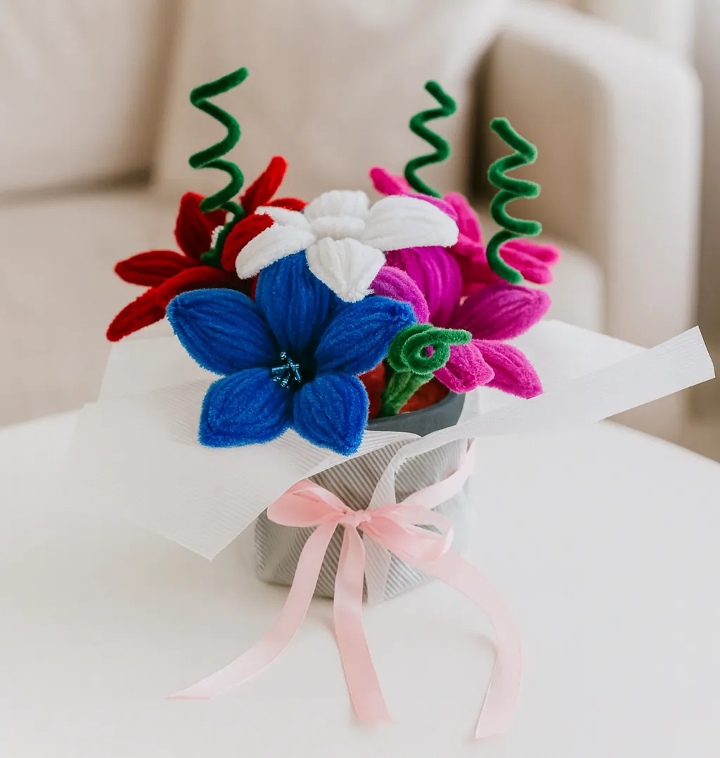 Renkli Peluş Çiçek Buketi - Saksıda Dekoratif Çiçek Aranjmanı