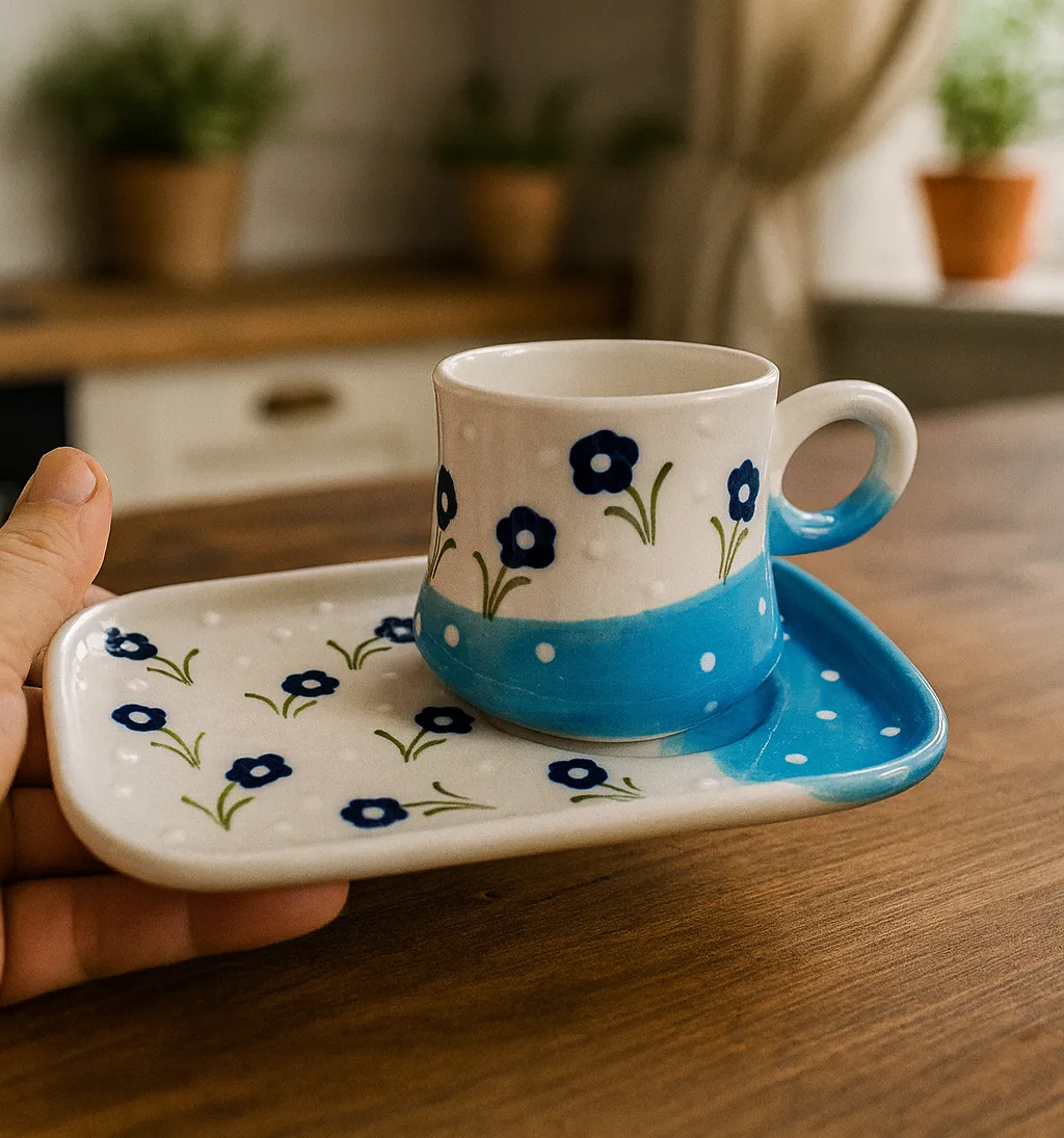 Mavi Noktalar: El Boyaması Kabartmalı Seramik Fincan