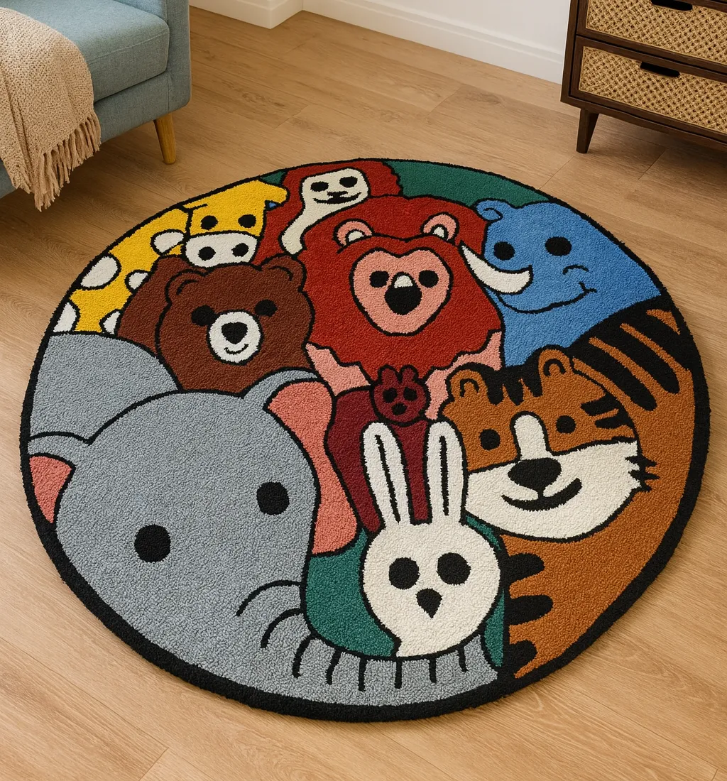 Hayvan Figürlü El Yapımı Cut Tufting Halı – Renkli, 105×105 cm, Yuvarlak Model