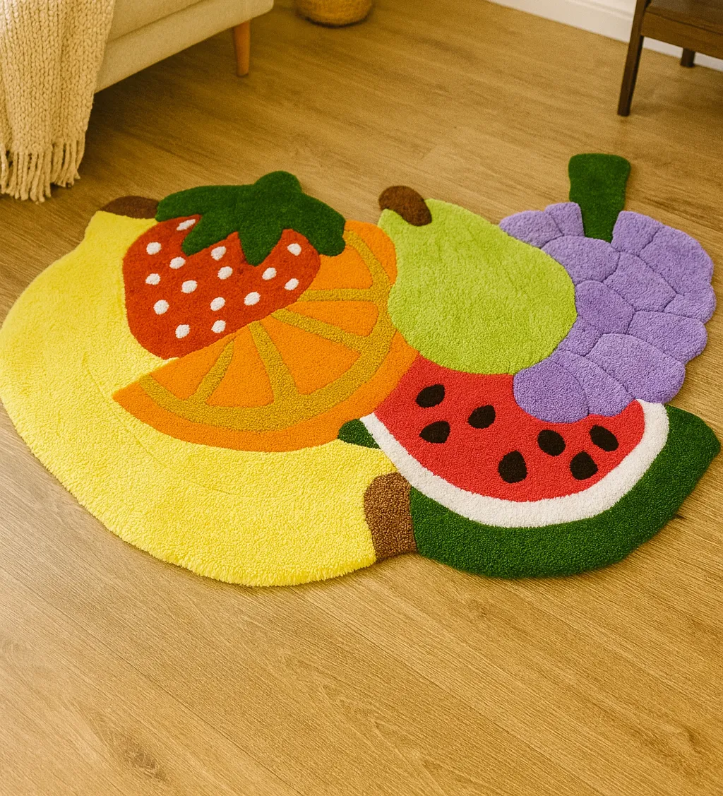 El Yapımı Meyve Desenli Halı – 110x80 cm (Cut Tufting)