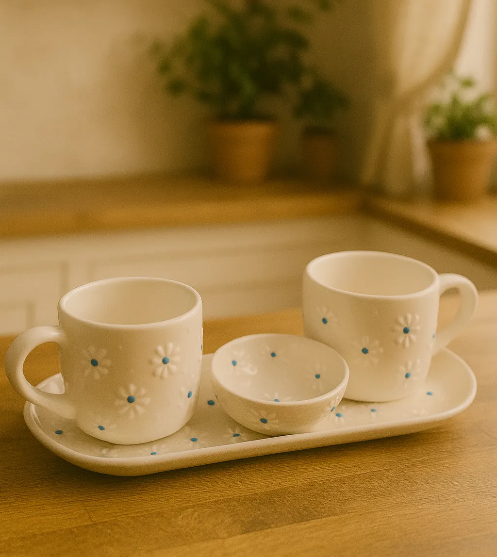 Blue Daisies Ceramic Triple Cup Set