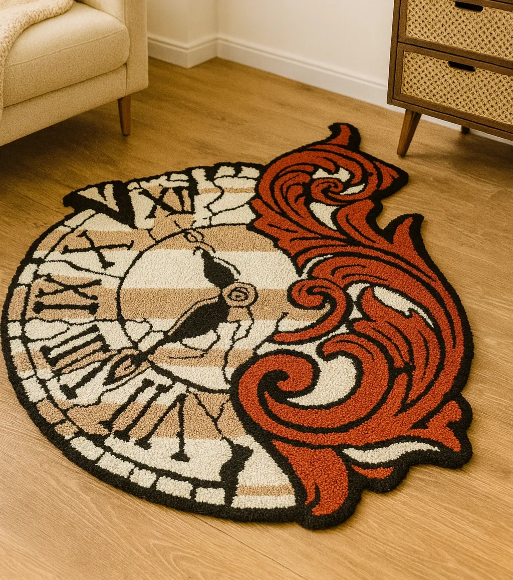 El Yapımı Barok Saat Temalı Halı |Dekoratif Yer Halısı