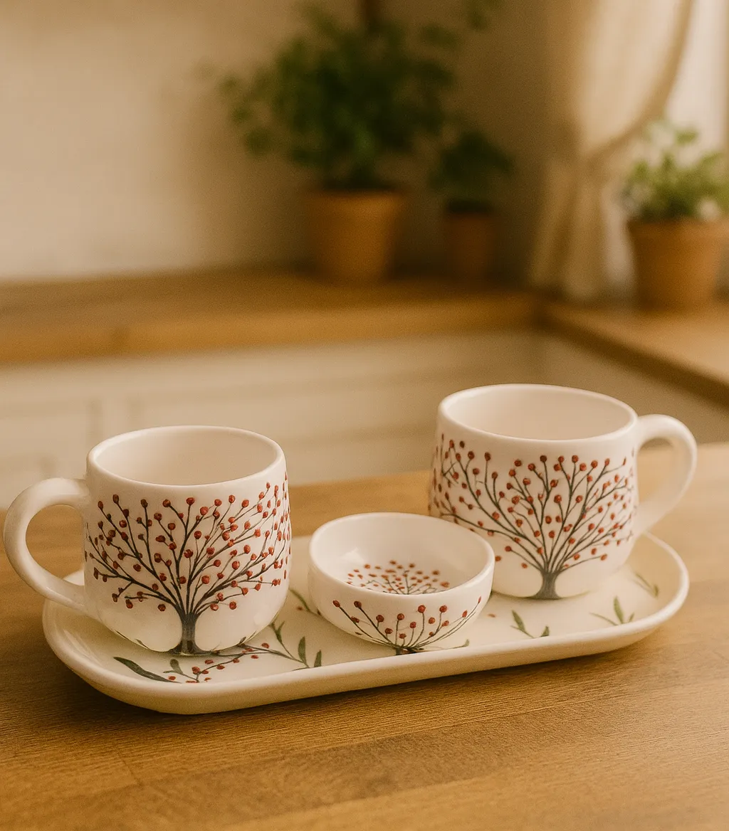 Nar Çiçeği Dalları Üçlü Kahve Sunum Takımı