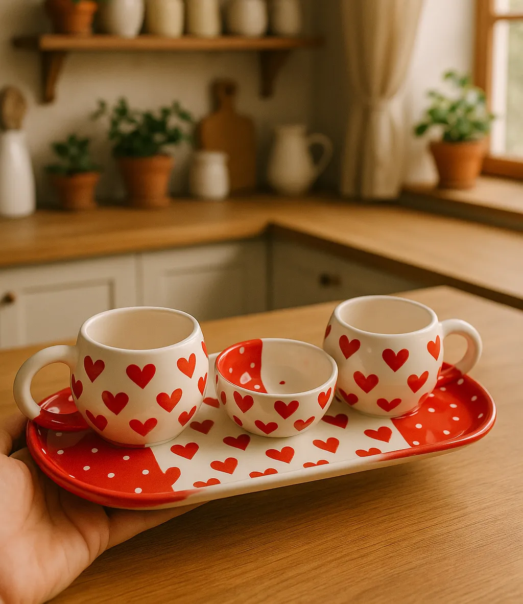 Kalplerle Sevgi Dolu Seramik Fincan Takımı