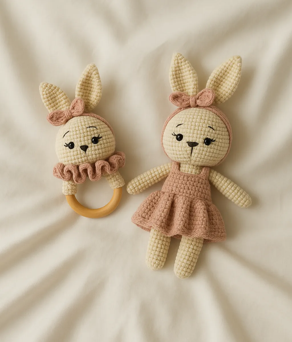 Krem ve Pembe Tonlarında Amigurumi İkili Tavşan Oyuncak Seti
