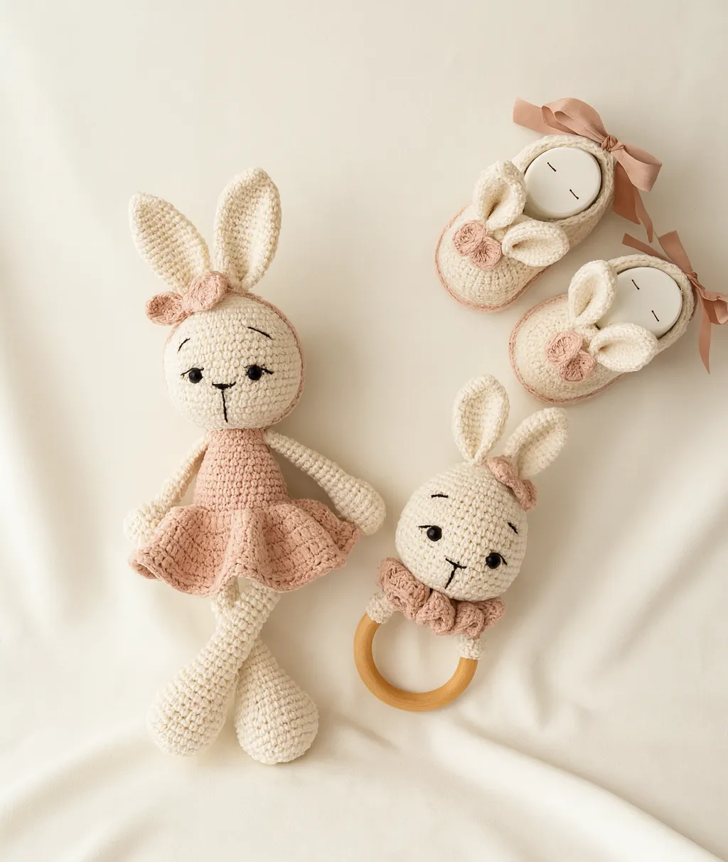 Örgü Bebek Oyun Seti - Tavşan Amigurumi, Patik ve Çıngırak - El Emeği