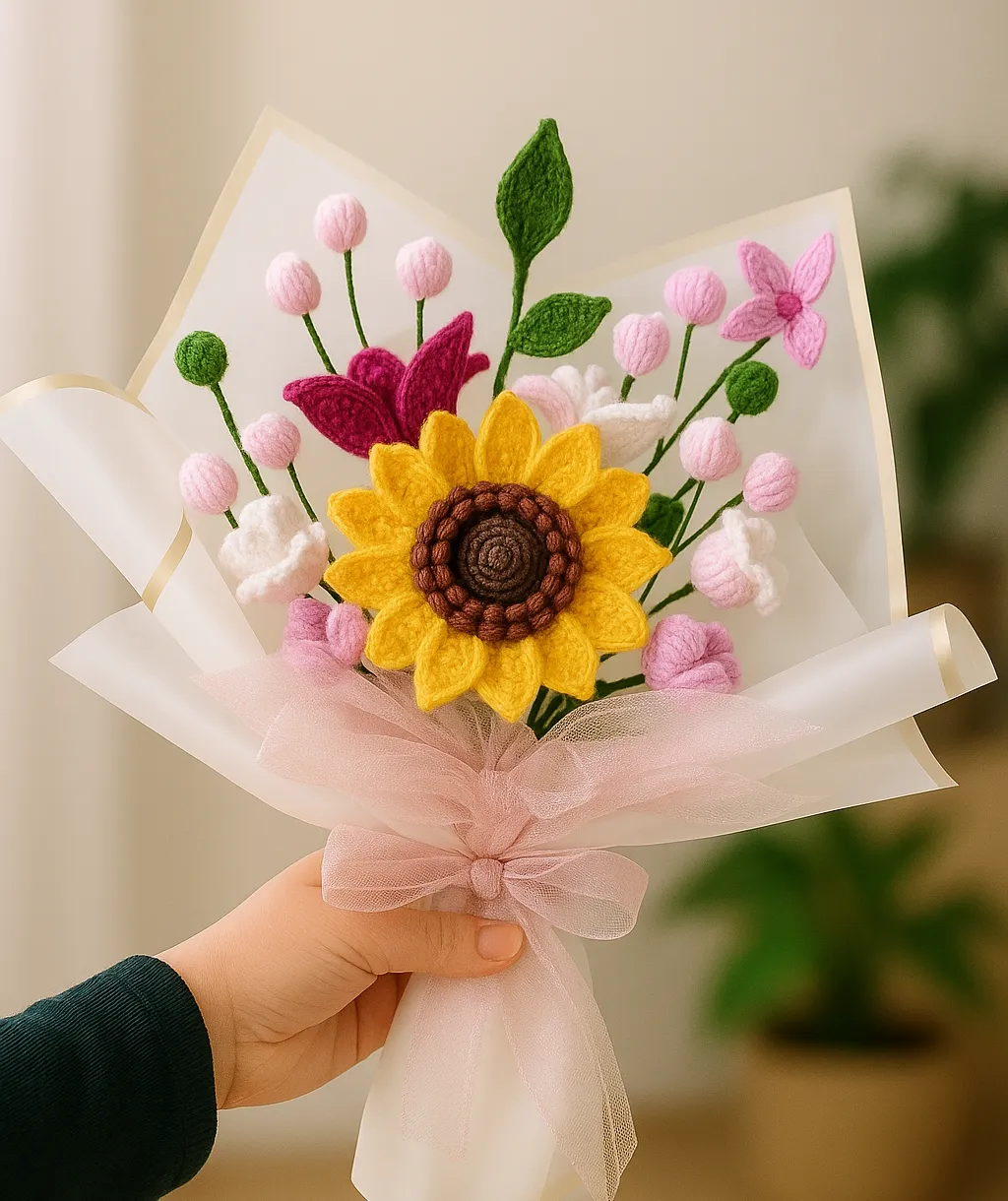 El Yapımı Örgü Çiçek Aranjmanı – Ayçiçeği, Lale, Zambak ve Yapraklı Set