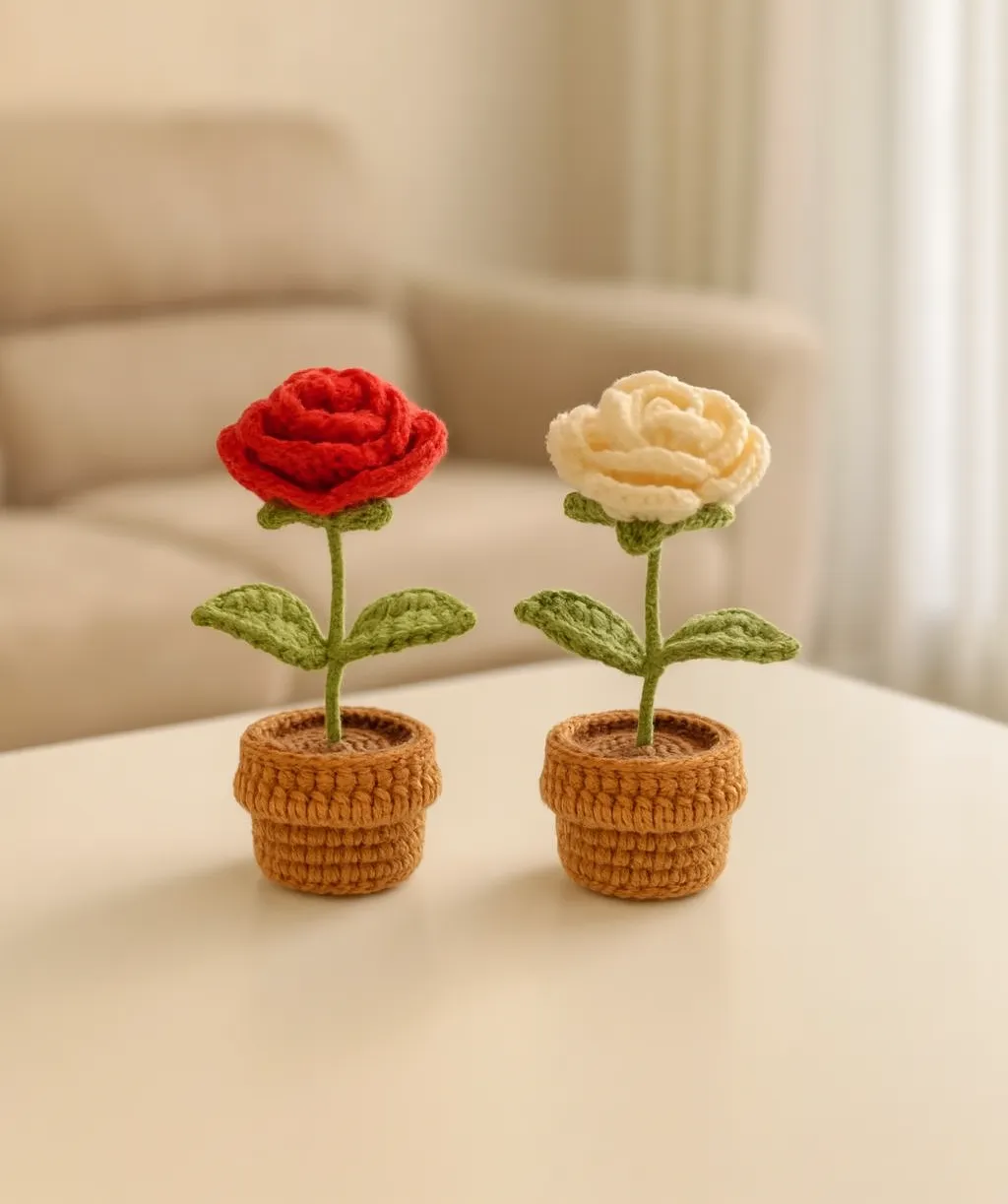 Örgü Mini Gül Saksı Seti - Dekoratif El Yapımı Çiçek Aranjmanı