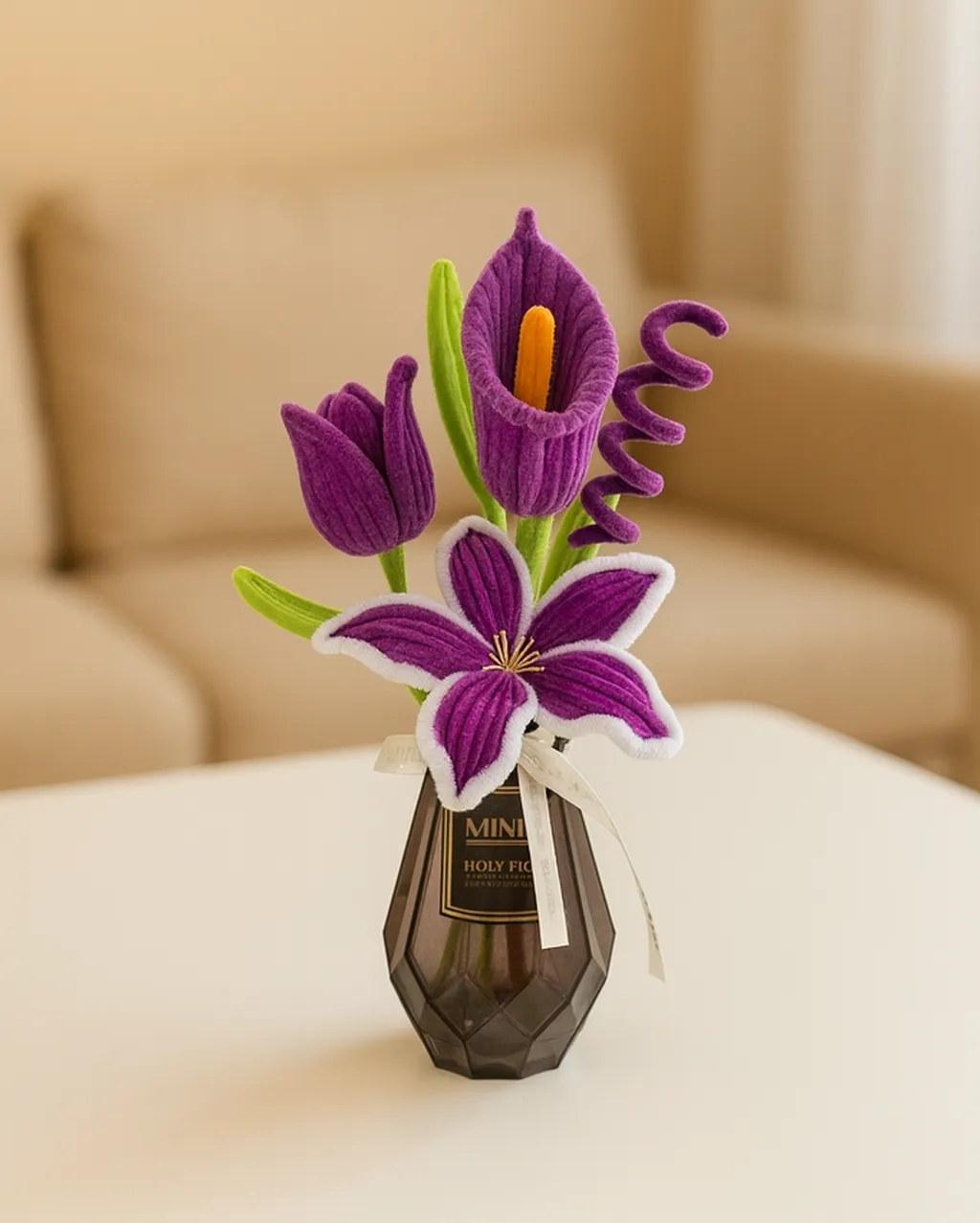 Mor Şönil Buket ve Dekoratif Vazo Seti - El Yapımı Çiçek Aranjmanı