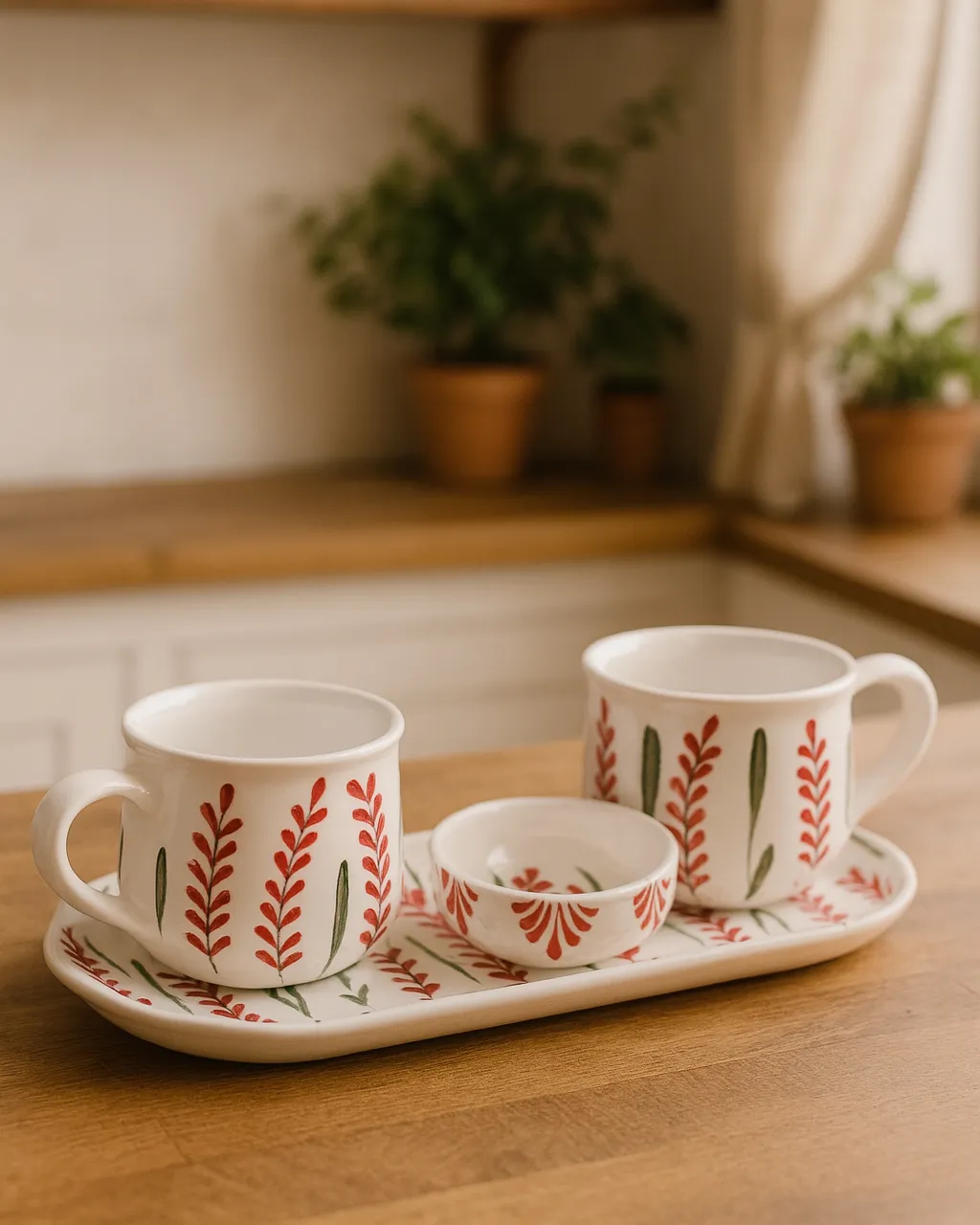 Gelincik Dokunuşlu El Boyaması Seramik Kahve Takımı