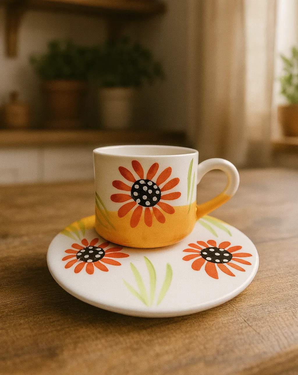 Kırmızı Papatya Desenli El Boyaması İkili Fincan Takımı