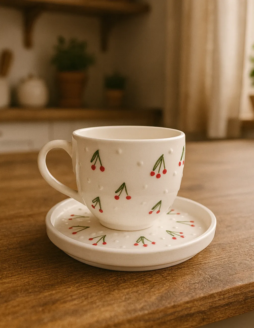 Kiraz Bahçesi: Kabartma Detaylı Seramik Fincan Takımı