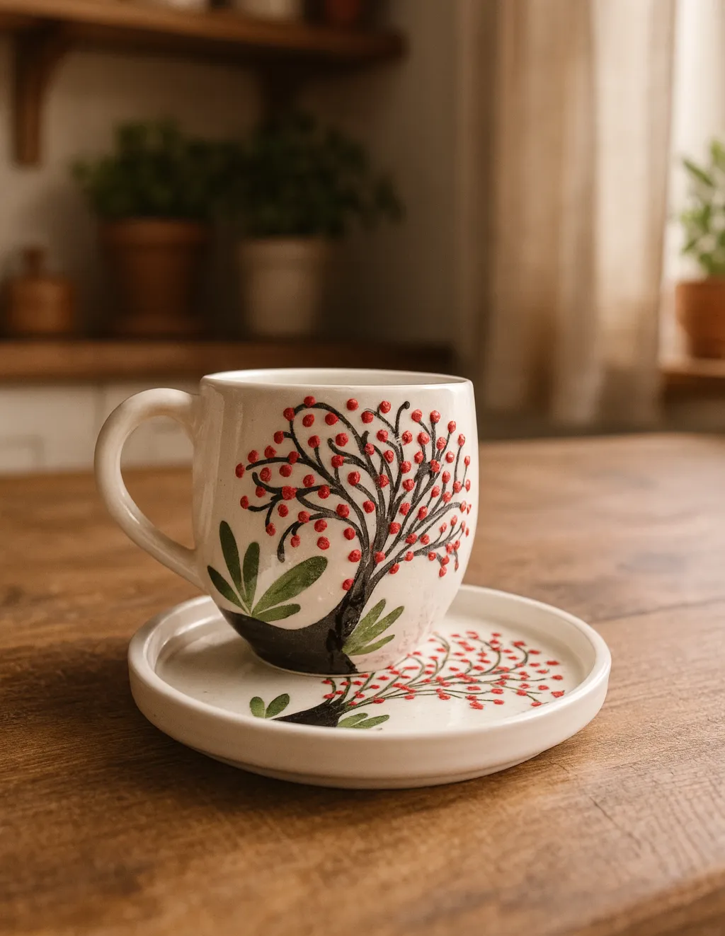 Kırmızı Dallar: Kabartmalı Seramik Fincan Takımı