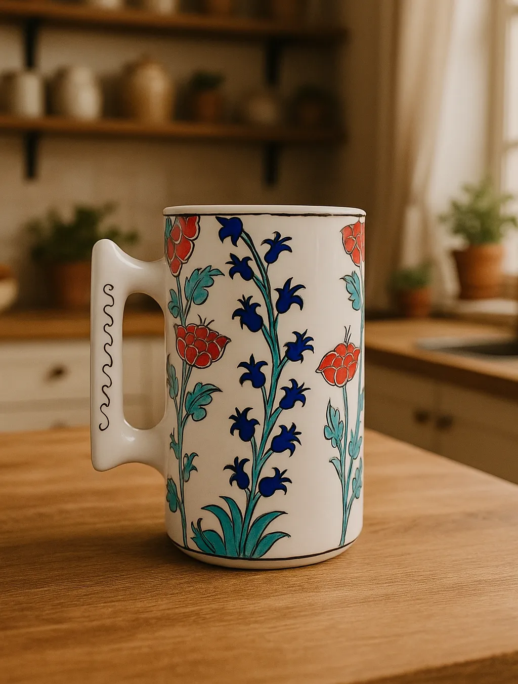 El Boyaması Çini Desenli Seramik Kupa