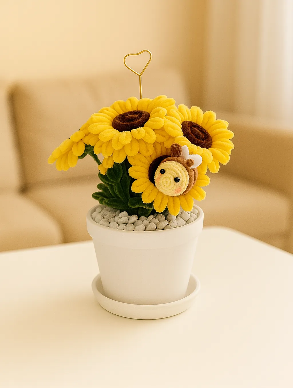 Şönil İpten Ballı Güneş Sarı Ayçiçeği Aranjmanı ve Arı Detayı