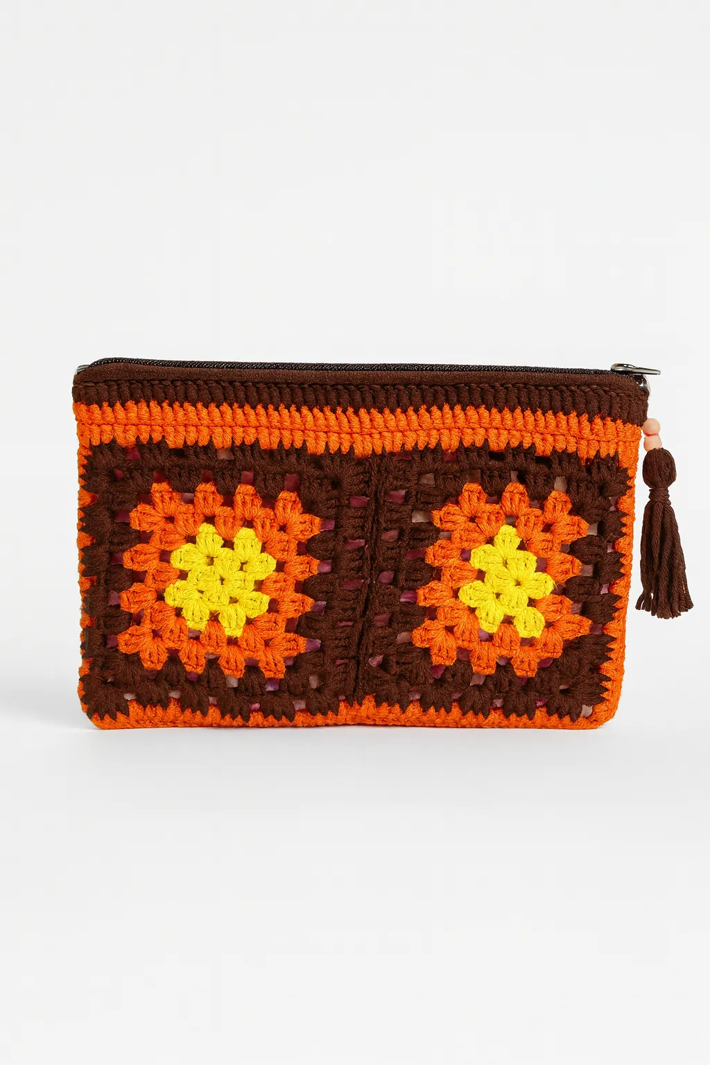 Turuncu Kahverengi Sarı Cotton İpli El Örgüsü Astarlı Fermuarlı Kadın Çanta Düzenleyici