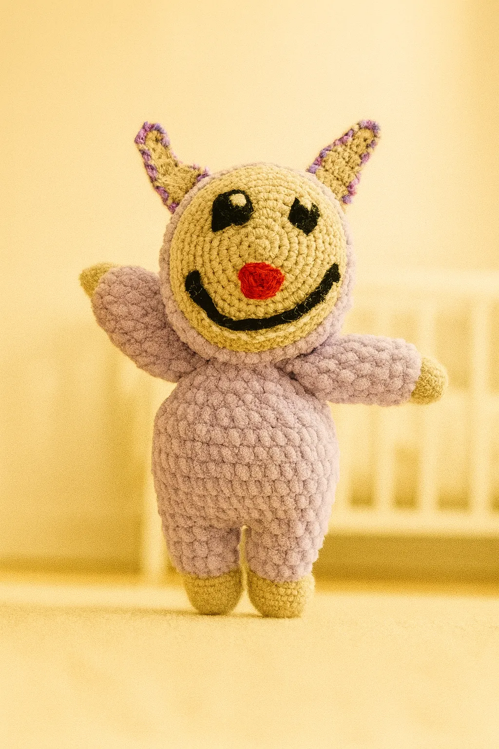 El Yapımı Örgü Labubu Amigurumi Oyuncak – Lila Beyaz Kırmızı Detaylı