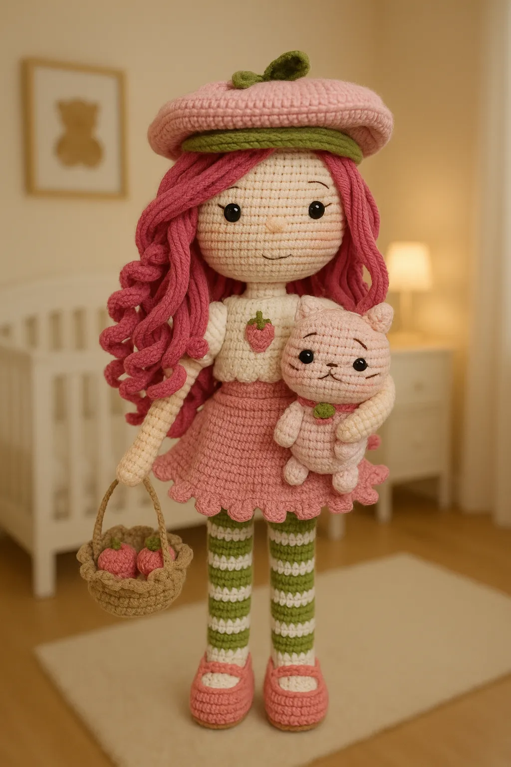 Çilek Kız – 43 cm El Örgüsü Bebek ve Kedi Arkadaşı