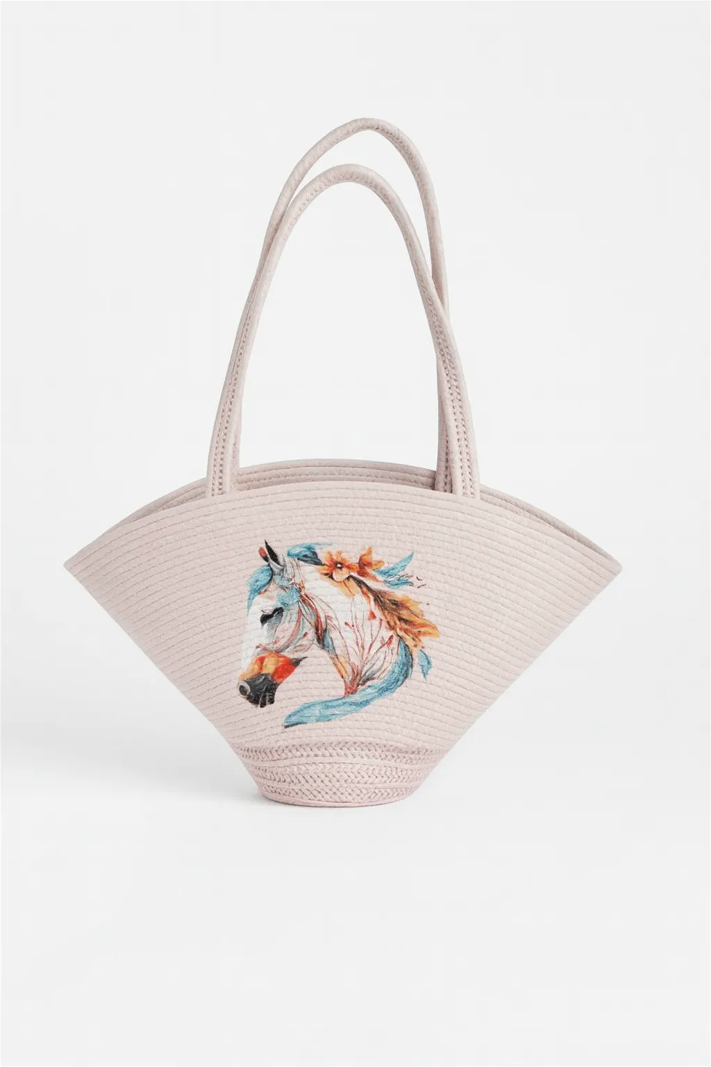 Pudra Rengi Özel Tasarım At Figürlü Hasır Plaj Çantası