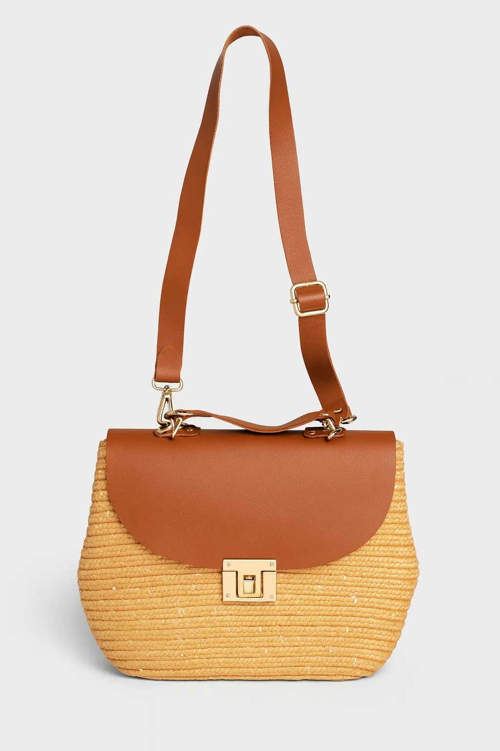 Deri Kapaklı Hasır Omuz Çantası