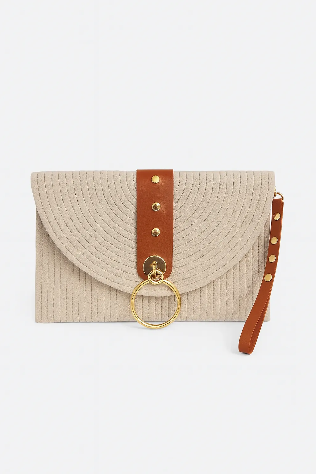 Beige Colored Brown Detailed Women's Clutch Bag