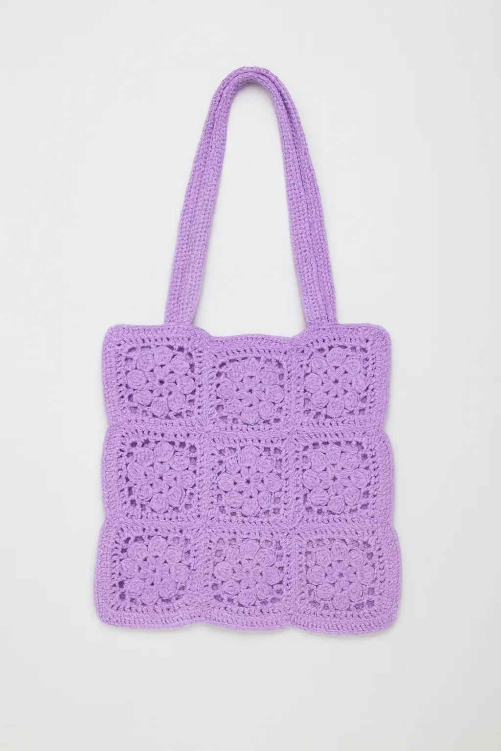 Lilac Colored Hand Knitted Lined Zippered Shoulder Bag – Square Motif