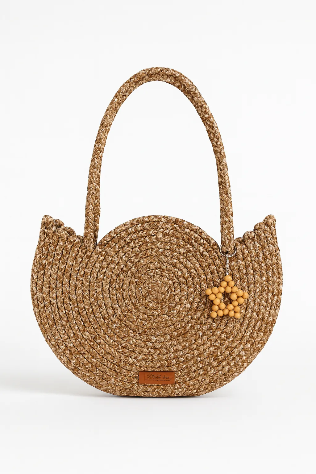 El Yapımı Yuvarlak Örgü Hasır Çanta | Ahşap Boncuklu Yıldız Detaylı Omuz Çantası