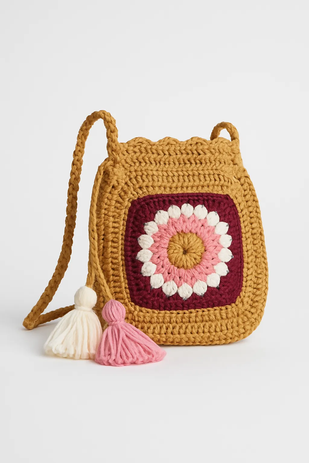 Mandala Patterned Tasseled Mustard Color Hand Knitted Children's Bag