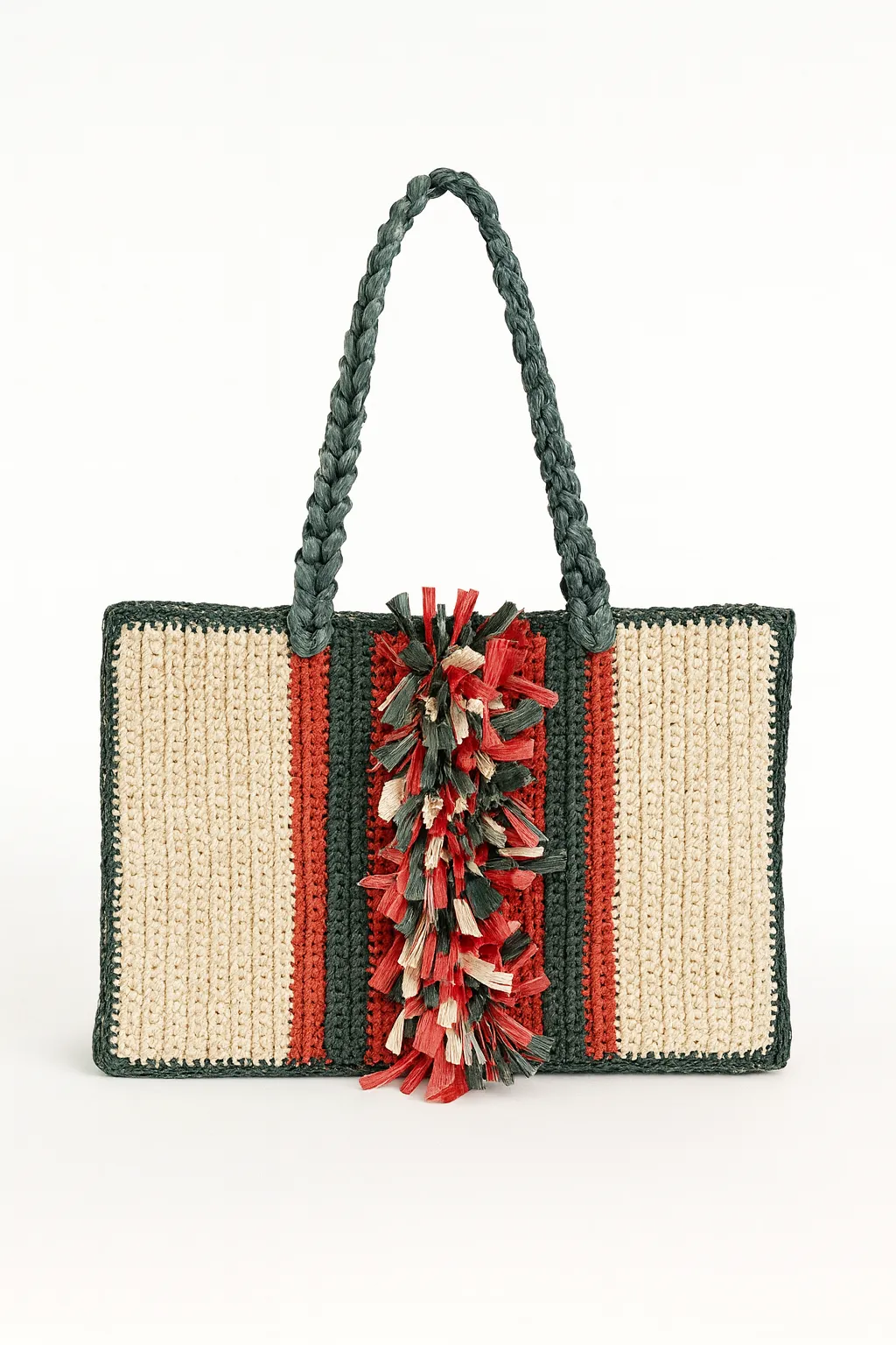 Çizgili ve Püskül Detaylı Örgü Omuz Çantası