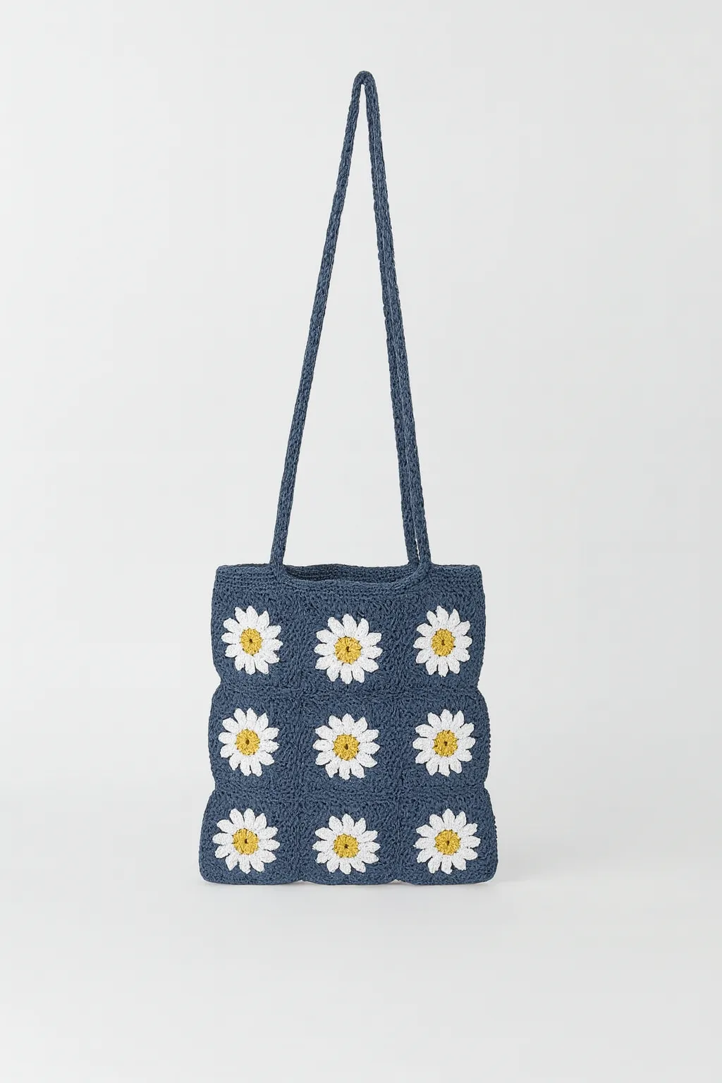 Mavi Çiçek Desenli Örgü Omuz Çantası