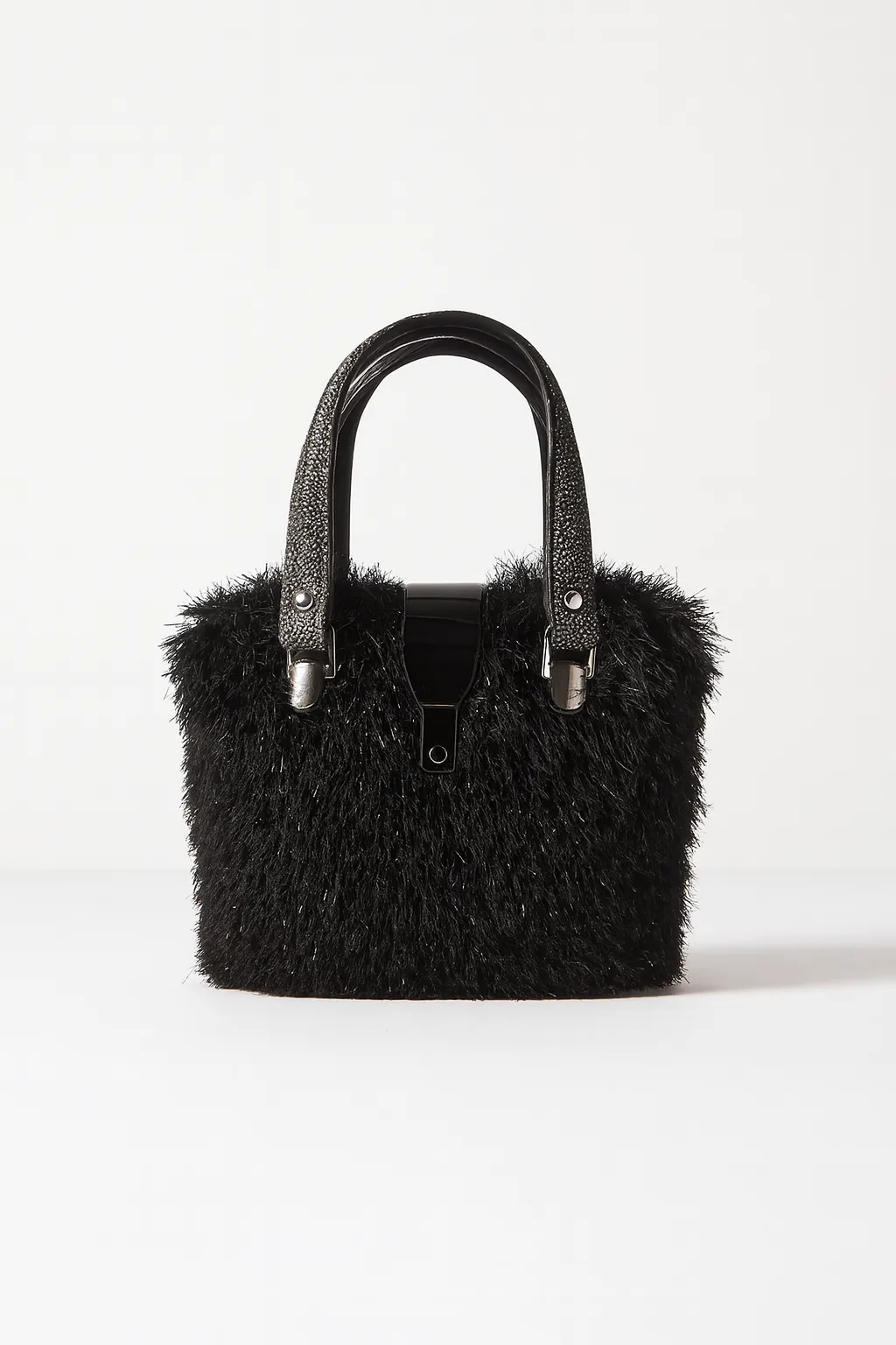 Siyah Peluş ve Deri Detaylı El Çantası – Şık ve Modern Tasarım