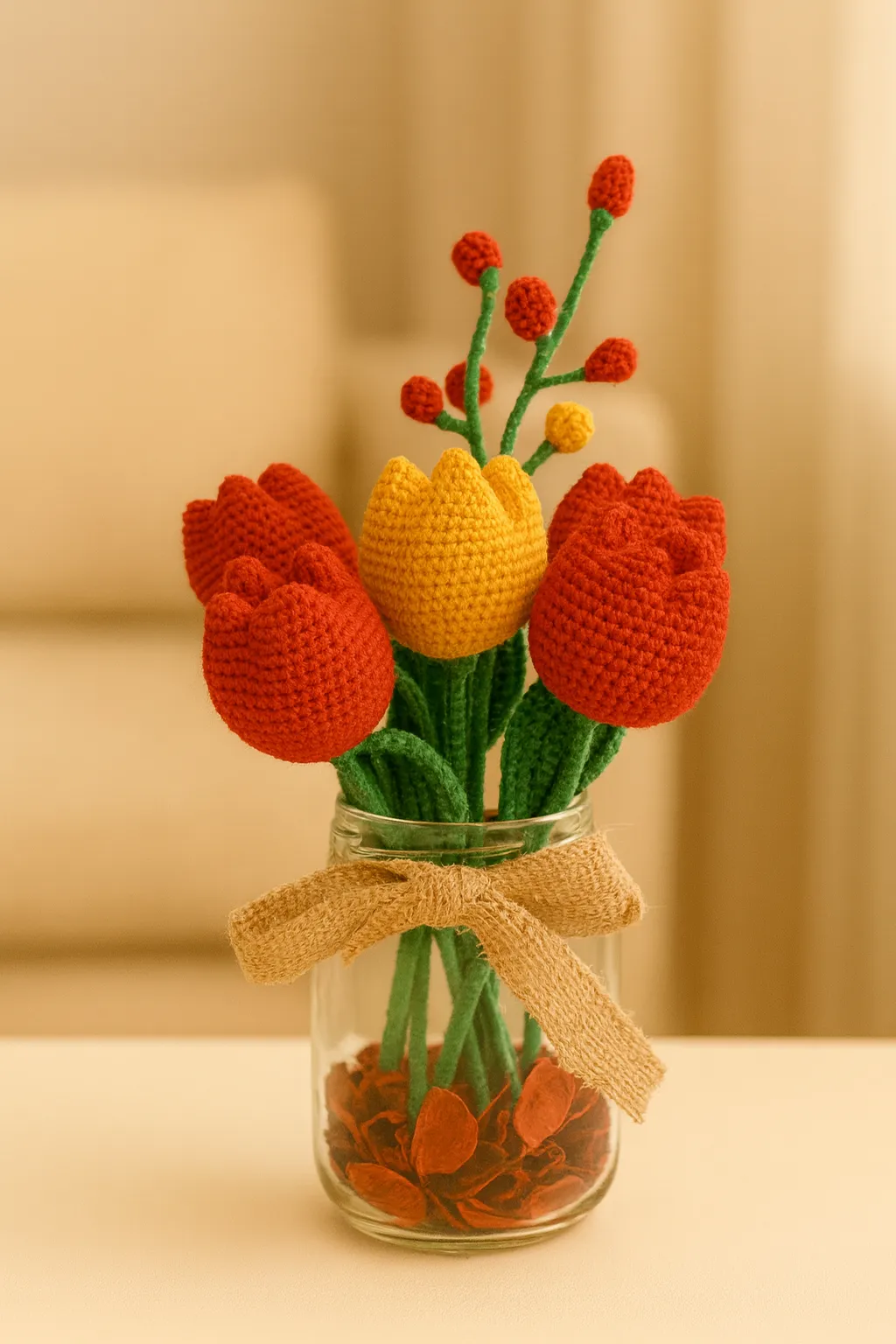 Hand Knitted Yellow and Red Tulips