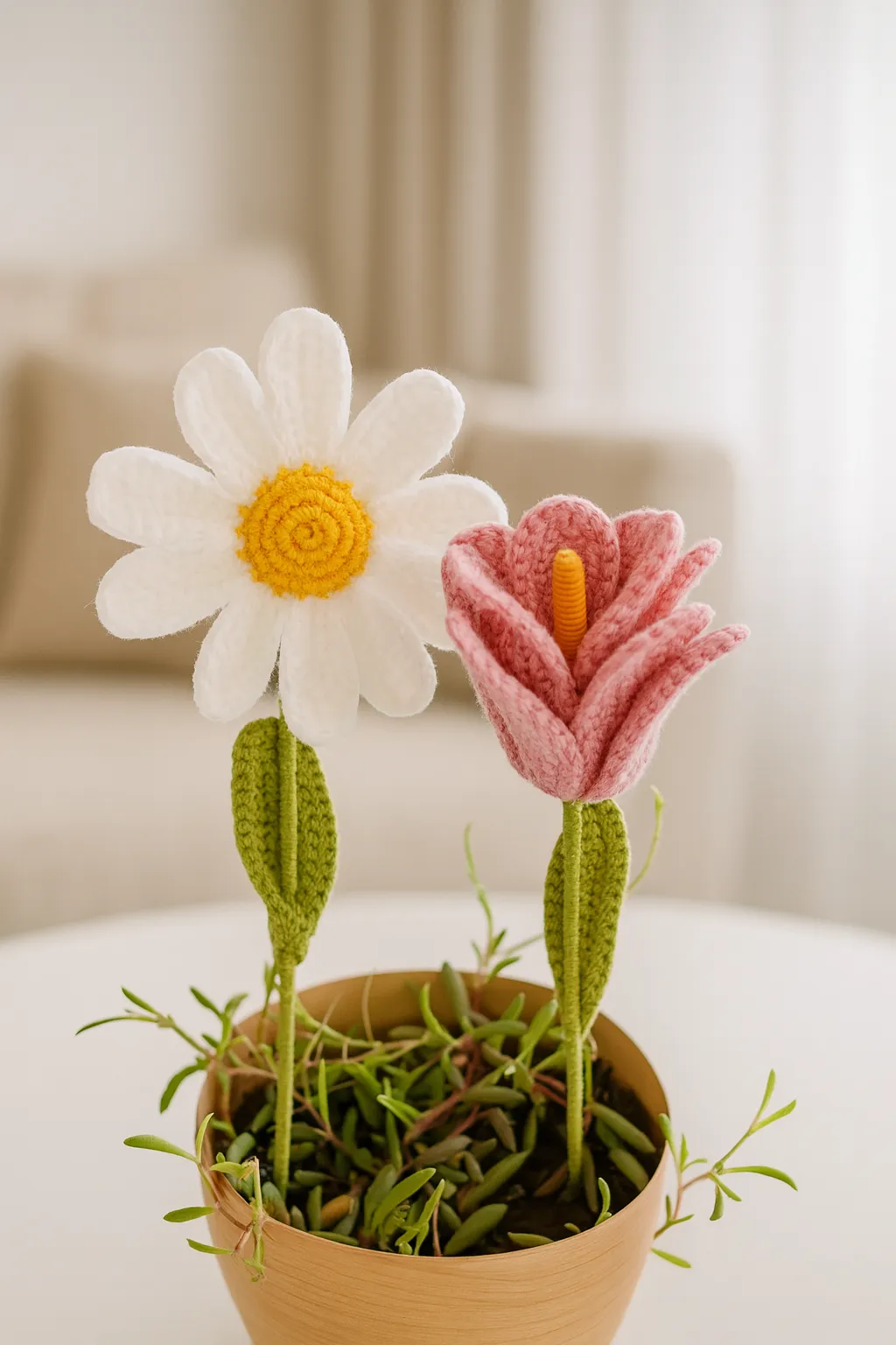 Hand Knitted Daisy and Lily Decorative Flowers in Pots