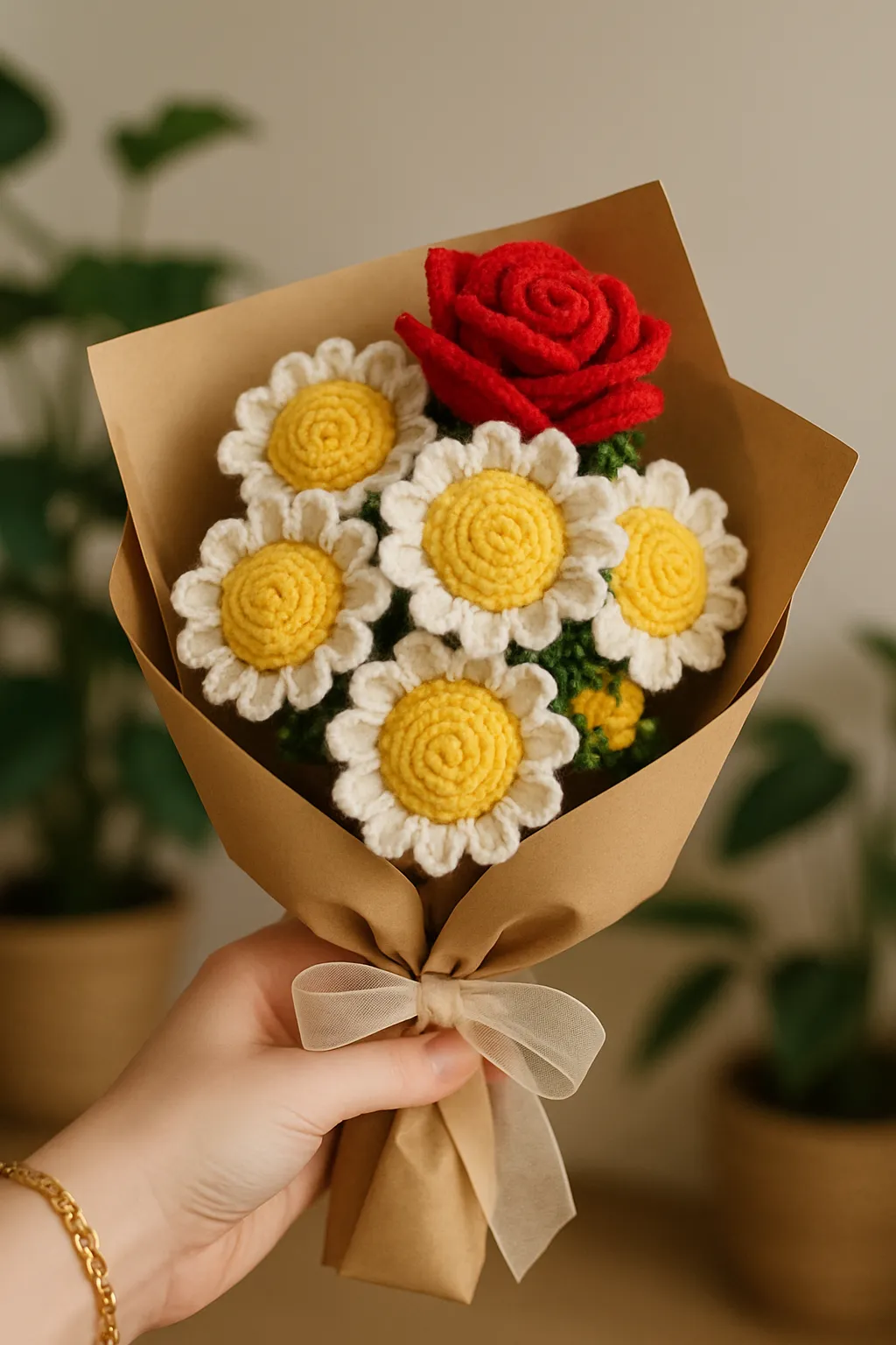 Hand Knitted Bouquet with Red Rose and Daisy Motif